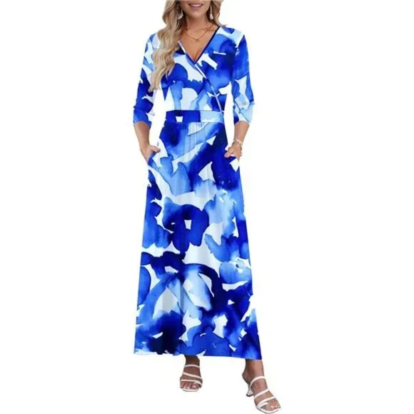 Dresses | Womens 34 Sleeve V Neck Casual Long Maxi Dresses With Pockets |  Poshmark